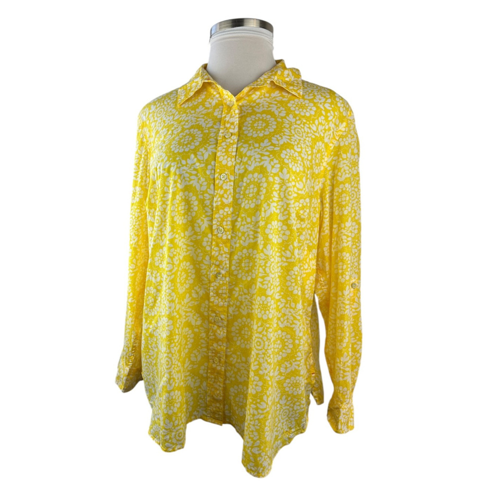 NWT Talbots Sheer Yellow White Print Button Blouse Plus Size 3Xp 3X Petite Top - Picture 4 of 14